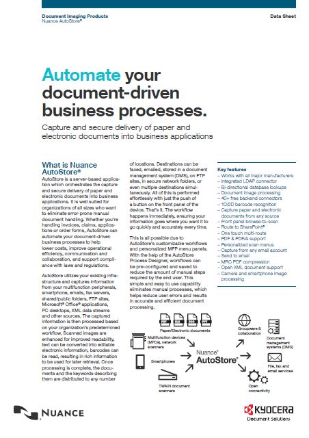 Kyocera Software Capture And Distribution Nuance Autostore Data Sheet Thumb, Compucharts, Medina, OH, Ohio, Authorized, Copystar, Kyocera