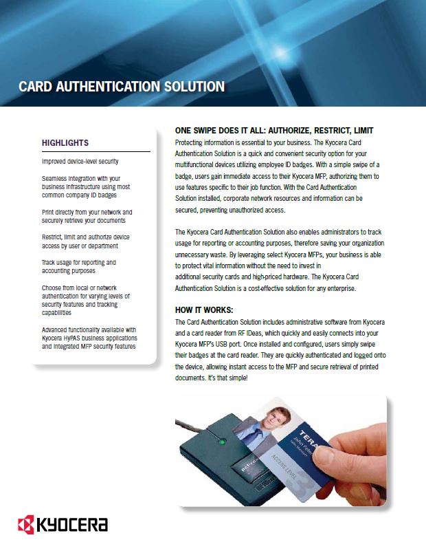 Kyocera Software Cost Control And Security Card Authentication Data Sheet Thumb, Compucharts, Medina, OH, Ohio, Authorized, Copystar, Kyocera