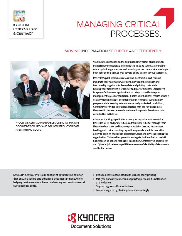 Kyocera Software Cost Control And Security Centraq Pro Data Sheet Thumb, Compucharts, Medina, OH, Ohio, Authorized, Copystar, Kyocera
