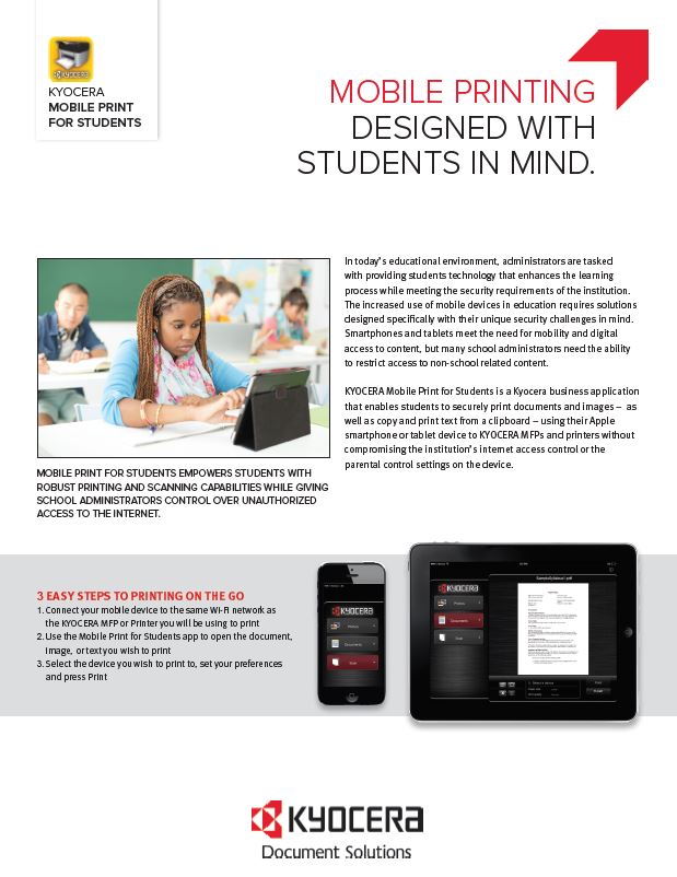 Kyocera Software Mobile And Cloud Kyocera Mobile Print For Students Data Sheet Thumb, Compucharts, Medina, OH, Ohio, Authorized, Copystar, Kyocera